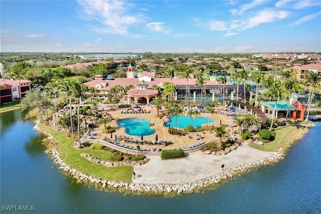 drone / aerial view featuring a water view