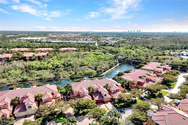 aerial view with a water view and a residential view