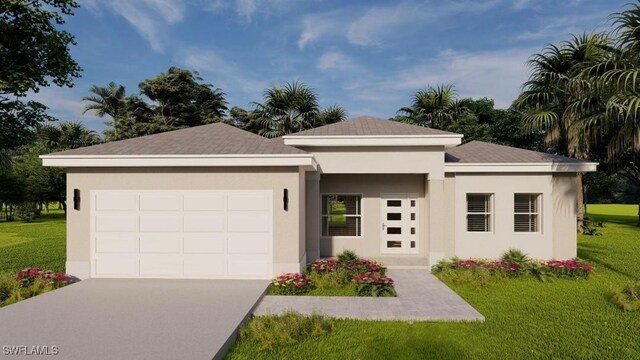 view of front of home with a garage and a front lawn