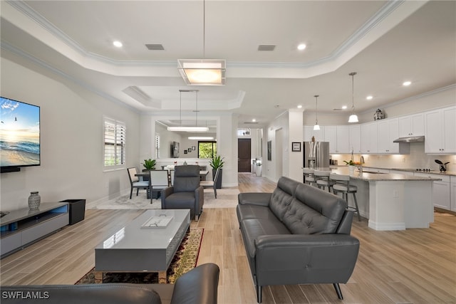 living room featuring sink, a raised ceiling, ornamental molding, and light wood-type flooring