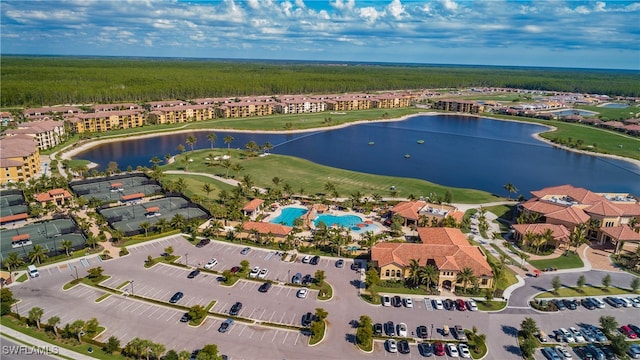 birds eye view of property featuring a water view