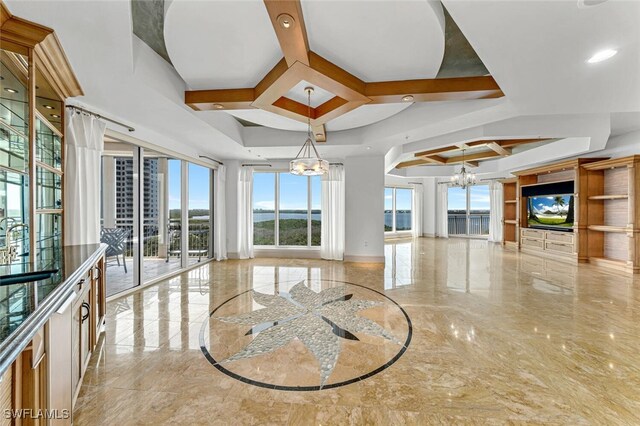 interior space featuring a notable chandelier, coffered ceiling, a sink, baseboards, and marble finish floor