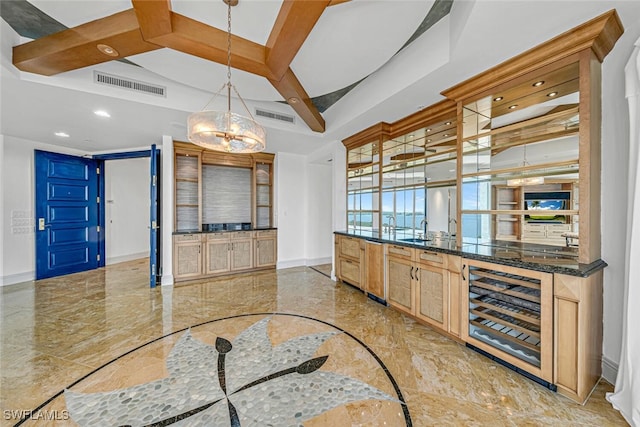 bar featuring wine cooler, baseboards, visible vents, and marble finish floor