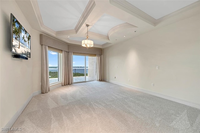 unfurnished room with crown molding, baseboards, coffered ceiling, and light carpet