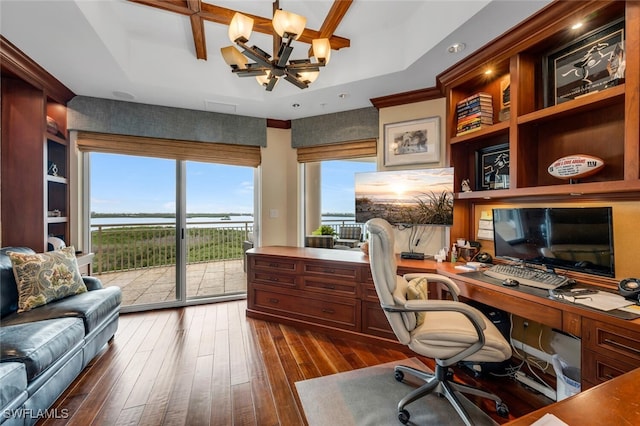 office featuring a notable chandelier, coffered ceiling, and dark wood-type flooring