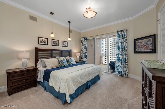 bedroom featuring light colored carpet, access to outside, visible vents, and crown molding