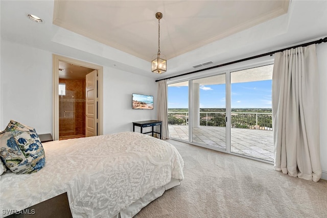 carpeted bedroom with access to exterior, visible vents, and a raised ceiling