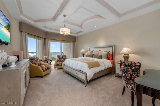 bedroom featuring light carpet, beam ceiling, coffered ceiling, crown molding, and access to exterior