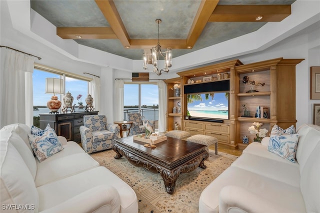 living area featuring light wood-type flooring, beamed ceiling, coffered ceiling, and an inviting chandelier