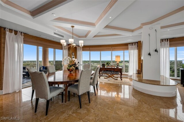 dining room featuring beam ceiling, coffered ceiling, a wealth of natural light, and an inviting chandelier