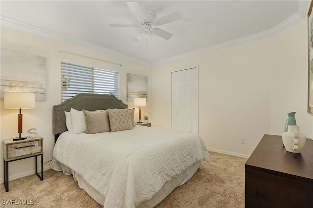 carpeted bedroom featuring ceiling fan, a closet, and crown molding