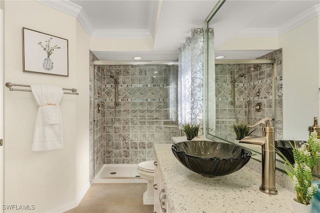 bathroom with a shower with door, toilet, tile patterned flooring, and ornamental molding