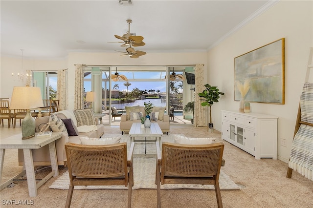 interior space featuring ceiling fan with notable chandelier and ornamental molding