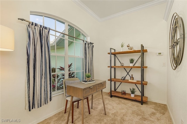 office area with crown molding and light carpet