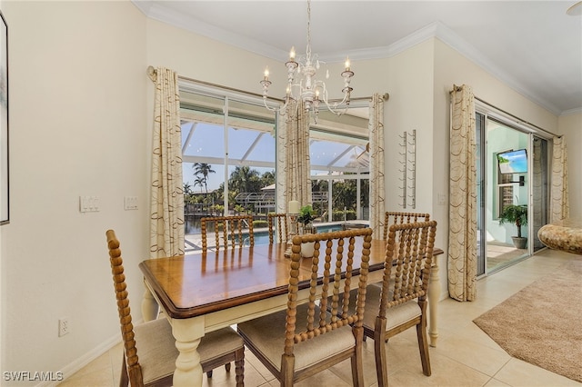 tiled dining room with a water view, ornamental molding, and a notable chandelier