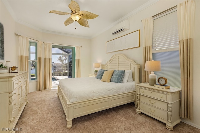 bedroom with ceiling fan, crown molding, a wall mounted air conditioner, light colored carpet, and access to exterior