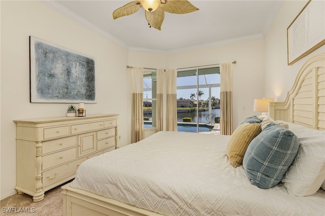 carpeted bedroom with ceiling fan, access to exterior, crown molding, and a water view