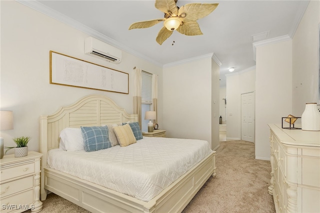 bedroom featuring light carpet, crown molding, ceiling fan, a wall mounted air conditioner, and a closet