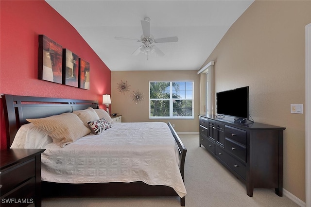 bedroom with light carpet and ceiling fan