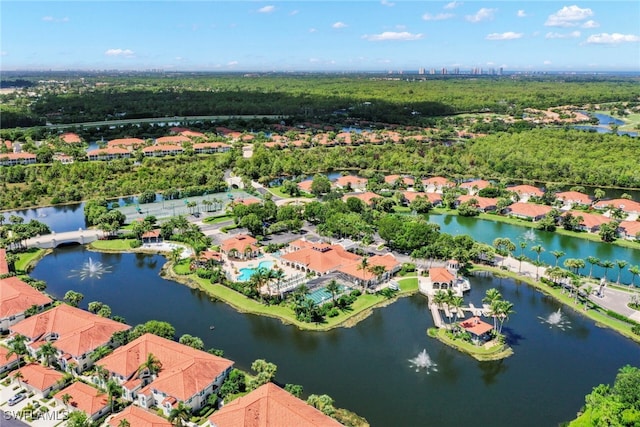 drone / aerial view featuring a water view