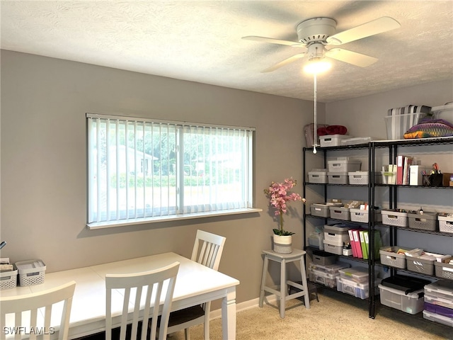 interior space with ceiling fan, light carpet, and a textured ceiling