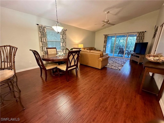 dining space with lofted ceiling, baseboards, a ceiling fan, and dark wood-type flooring