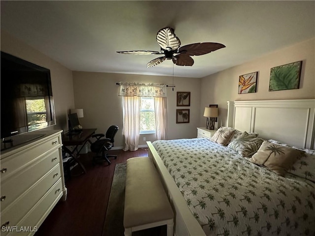 bedroom featuring ceiling fan and dark wood-type flooring