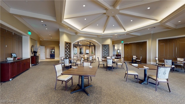 dining area with recessed lighting, coffered ceiling, crown molding, and carpet flooring