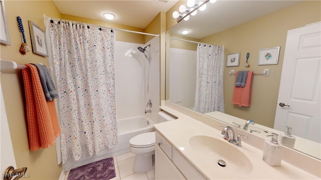 full bathroom featuring shower / bath combination with curtain, toilet, tile patterned floors, and vanity