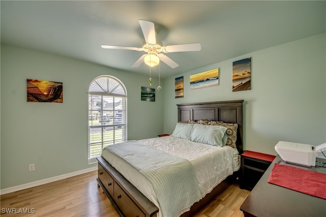 bedroom featuring ceiling fan and light wood-type flooring