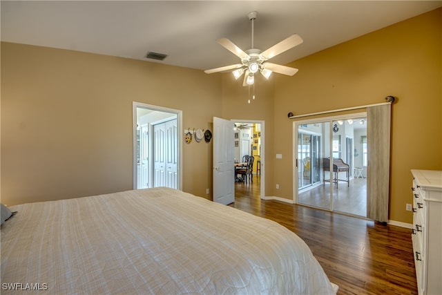 bedroom featuring ceiling fan, high vaulted ceiling, hardwood / wood-style floors, a closet, and access to exterior