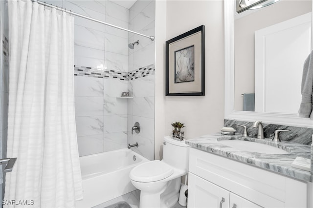 full bathroom with tile patterned floors, vanity, shower / bath combo, and toilet