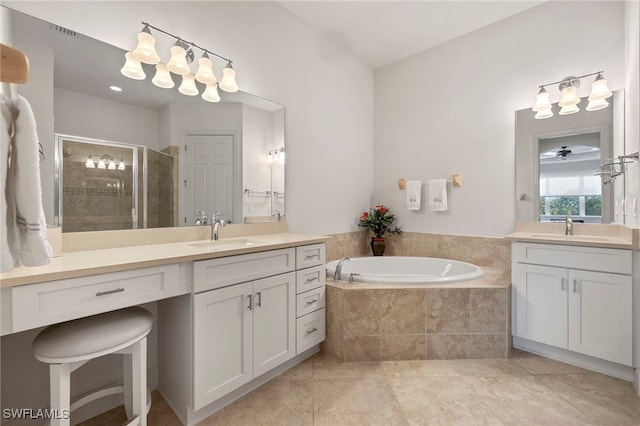 bathroom featuring tile patterned flooring, vanity, and independent shower and bath