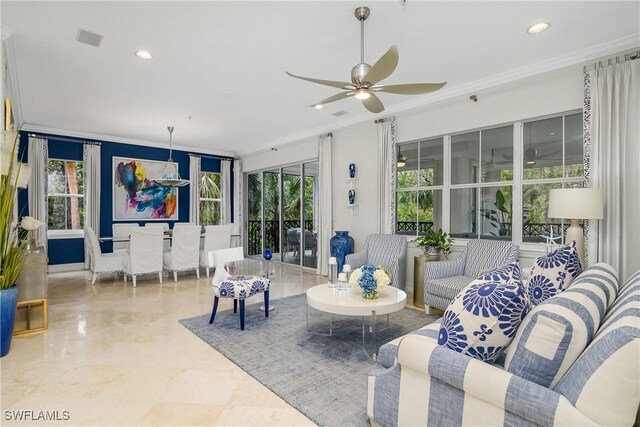 living area featuring ornamental molding, recessed lighting, visible vents, and a ceiling fan