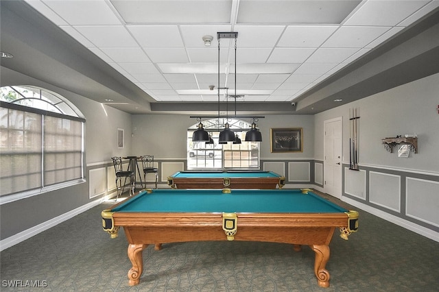 playroom with carpet, pool table, and a drop ceiling