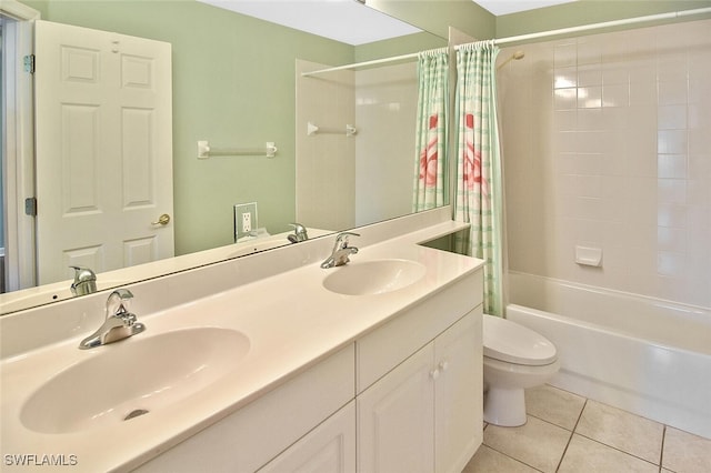 full bathroom featuring tile patterned flooring, double vanity, shower / bathtub combination with curtain, and toilet