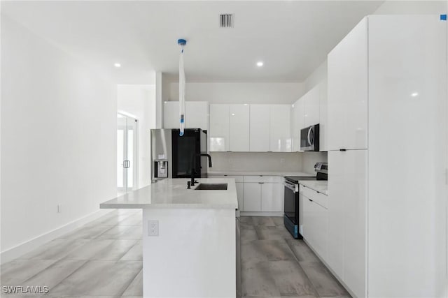 kitchen featuring stainless steel appliances, visible vents, white cabinetry, a sink, and modern cabinets