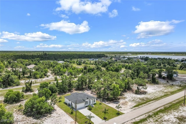 bird's eye view with a water view and a wooded view