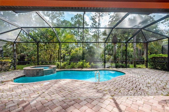 view of swimming pool featuring a patio area, glass enclosure, and an in ground hot tub