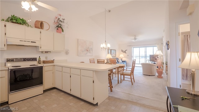 kitchen featuring white range with electric stovetop, high vaulted ceiling, ceiling fan with notable chandelier, kitchen peninsula, and light carpet