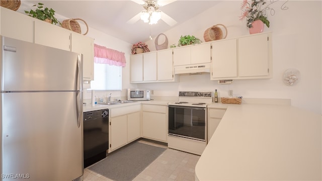 kitchen with lofted ceiling, light tile patterned floors, white appliances, ceiling fan, and custom exhaust hood