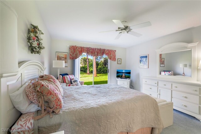 bedroom with carpet, access to outside, and ceiling fan