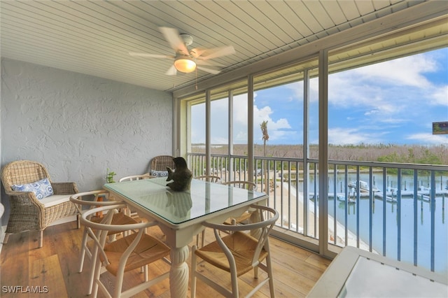 sunroom / solarium with ceiling fan and a healthy amount of sunlight