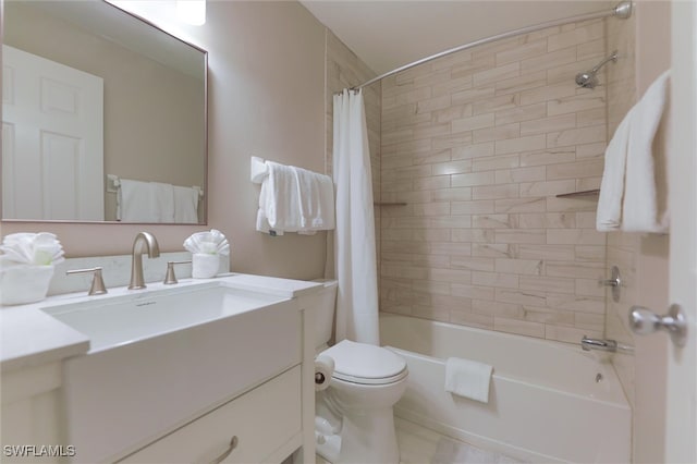 full bathroom with tile patterned flooring, toilet, vanity, and shower / bath combo with shower curtain