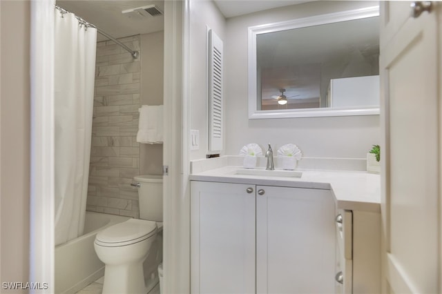 full bathroom featuring toilet, vanity, shower / bathtub combination with curtain, tile patterned flooring, and ceiling fan