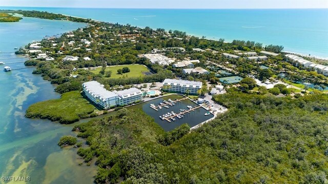 aerial view featuring a water view