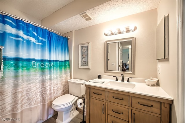 full bathroom with vanity, a textured ceiling, independent shower and bath, toilet, and hardwood / wood-style flooring