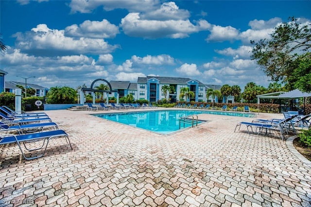 view of swimming pool with a patio area and a pergola