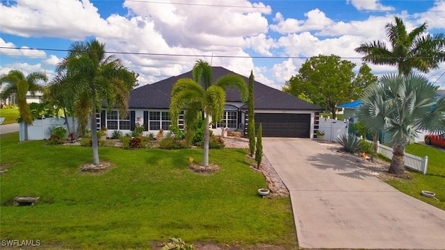 single story home featuring a garage and a front yard