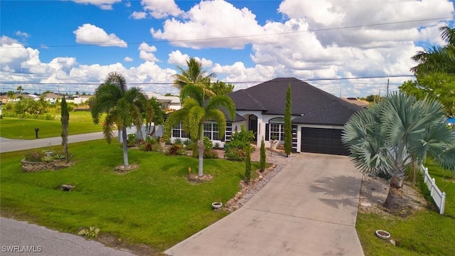 view of front of home with a garage and a front lawn